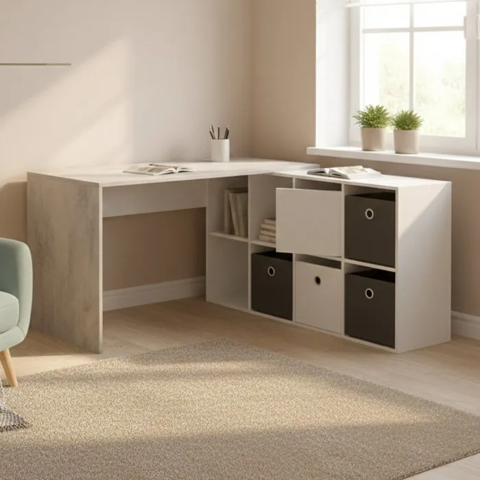 Bureau,effet Bois,blanc, Ciment,136x139h74 Cm