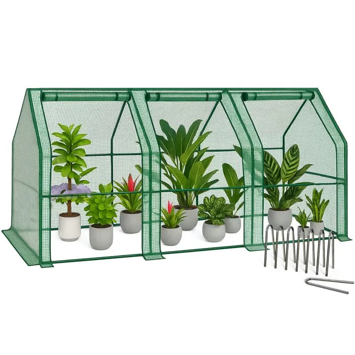 Mini Serre de jardin avec 3 portes enroulables bache PE renforcee 135g/m2 270x90x90cm Vert VOUNOT