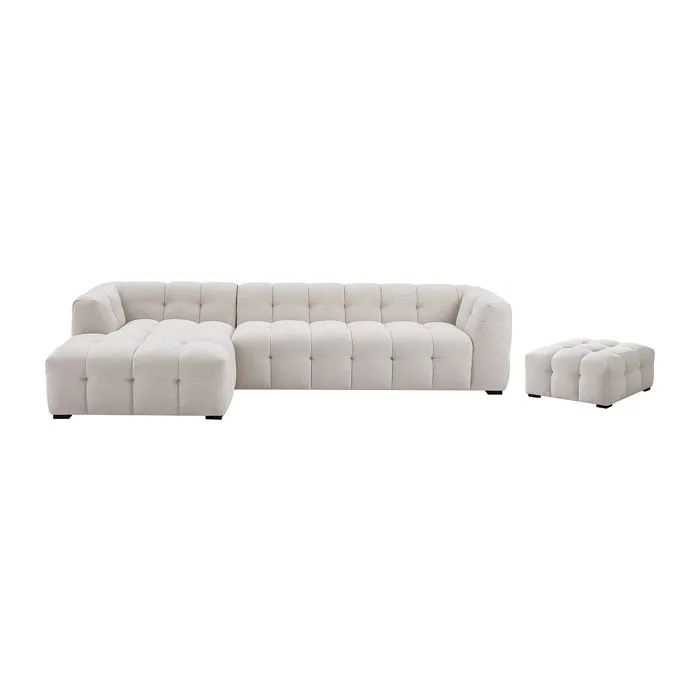 Canapé d'angle gauche et pouf en tissu chiné beige DILOME
