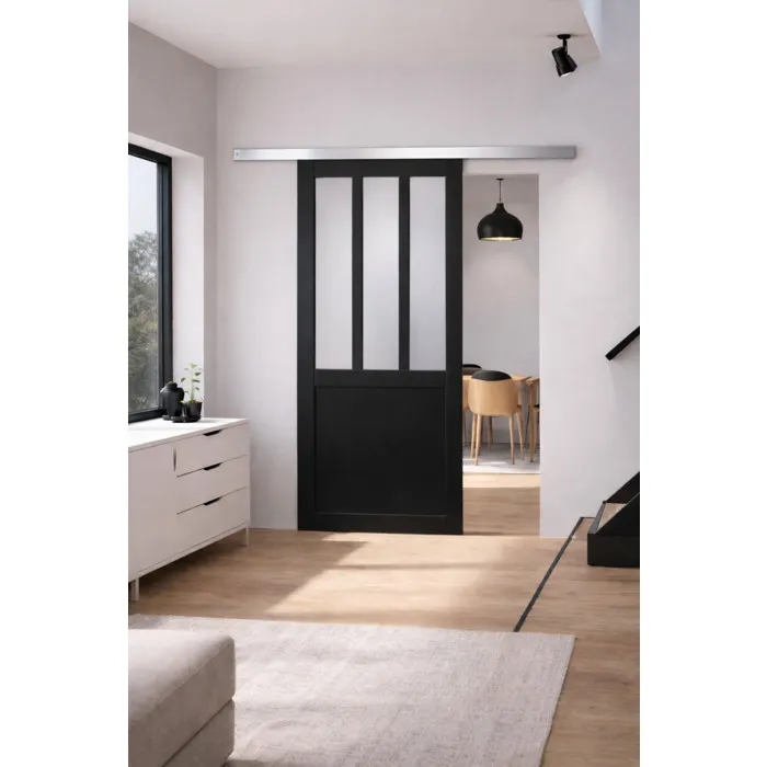 Porte Coulissante Atelier Noir Vitre Depoli H204 X L83 Cm, Rail Alu Gd Menuiseries