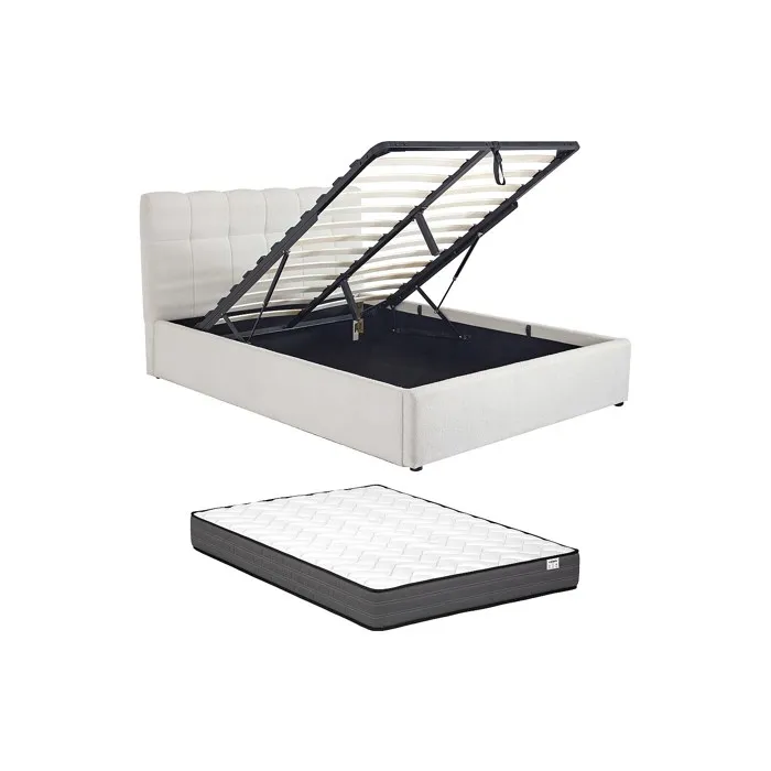 Lit coffre 160 x 200 cm - Tissu bouclette - Blanc + Matelas - MAZIRI