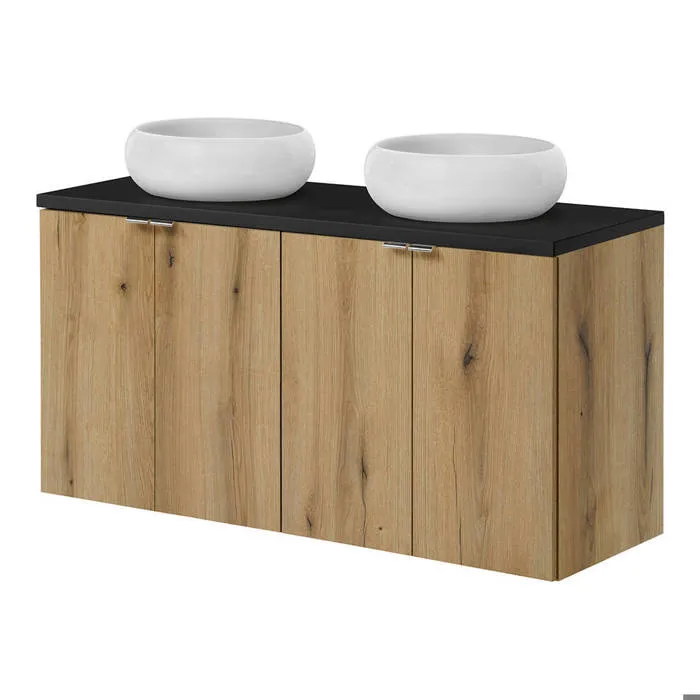 Meuble double vasque avec 2 lavabos ronds Newport 120 x 72 x 40 cm effet chêne noir en.casa
