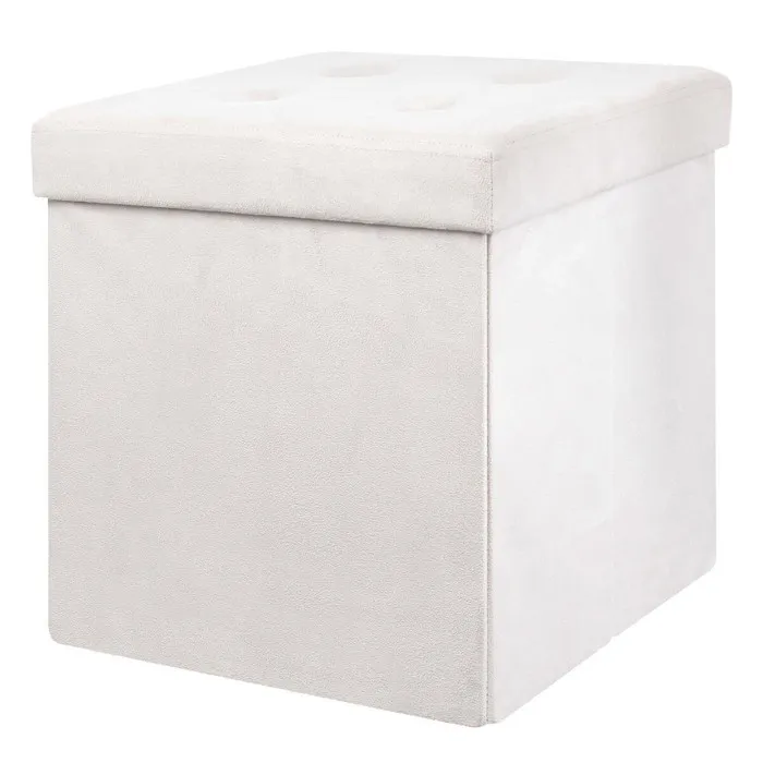 Paula - Pouf-coffre Pliable Capitonné Suédine Blanc