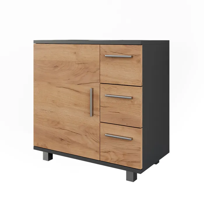 Vicco Meuble sous vasque Anthracite/chêne doré 60.2x60.8cm avec porte et 3 tiroirs