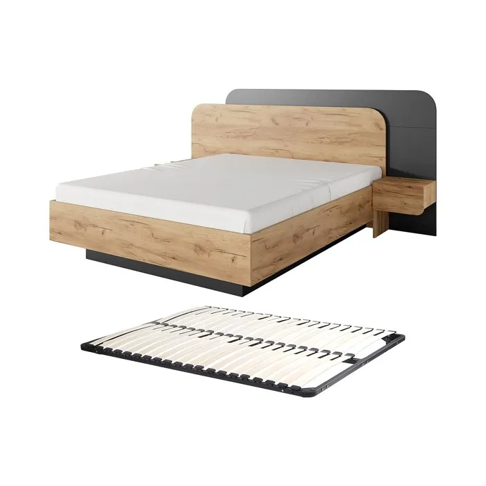 Lit avec chevets 160 x 200 cm - Avec LEDs - Coloris: Naturel et anthracite + Sommier - DESADO