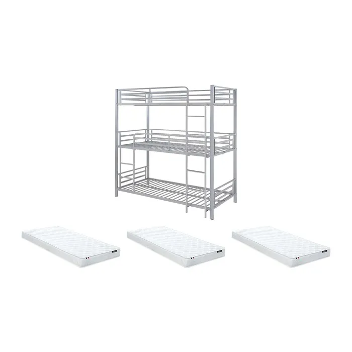 Lits superposés triple 3 x 90 x 190 cm - Métal - Argent + Matelas - ELOUAN III
