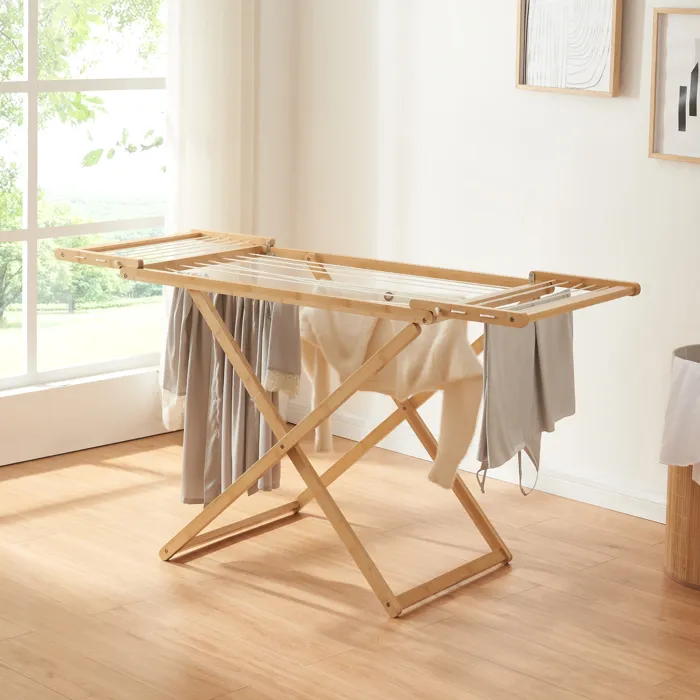 Étendoir à linge Fakala bambou 154 x 59 x 82 cm naturel blanc en.casa