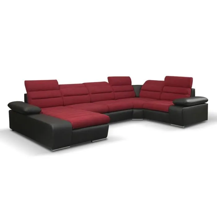 Canapé d'angle panoramique convertible en tissu et simili BOILEAU - Bicolore Rouge/Noir - Angle gauche