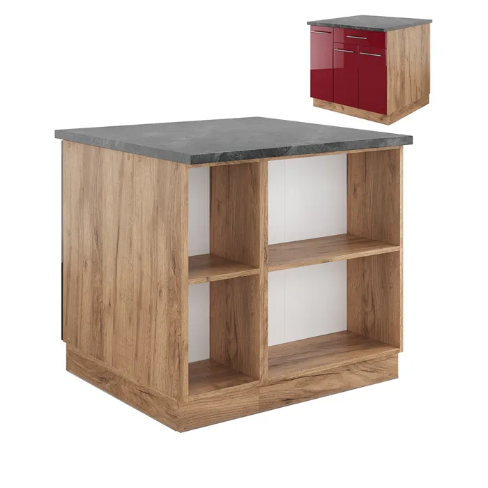 Vicco Îlot de cuisine Bordeaux brillant/Chêne doré 90cm avec tiroir, sans PT