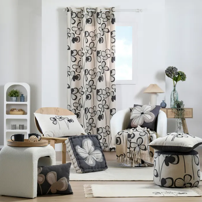 Rideau floral graphique moderne (140x260 cm - Ardoise)