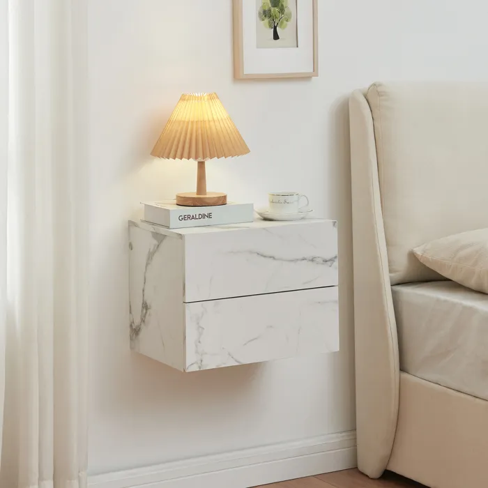 Table de chevet murale Ampfing avec 2 tiroirs 40 x 29 x 30 cm effet marbre, blanc en.casa