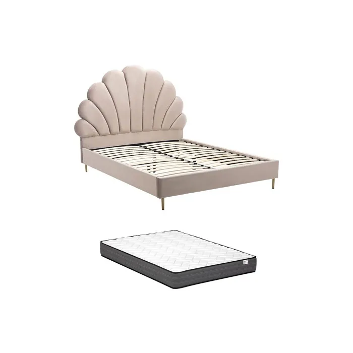 Lit coquillage 140 x 190 cm - Velours - Beige + Matelas - LIVAYA