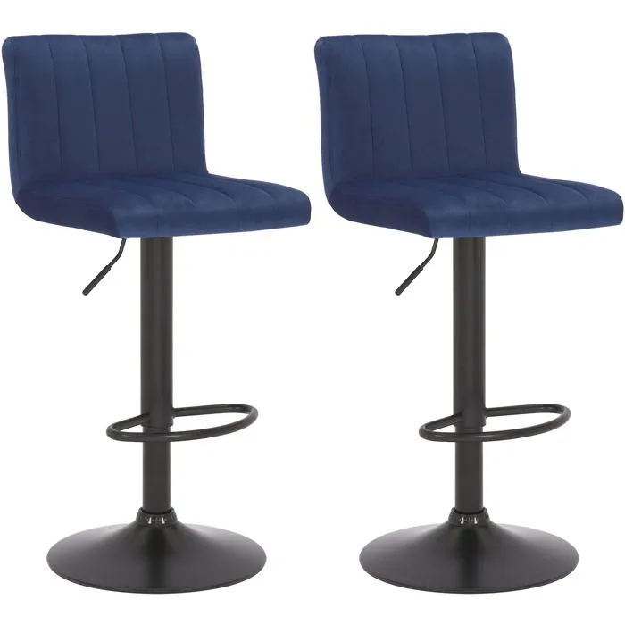 Lot De 2 Tabourets De Bar Pivotant Hauteur Réglable Assise Surpiqué En Velours Bleu 10_0004224