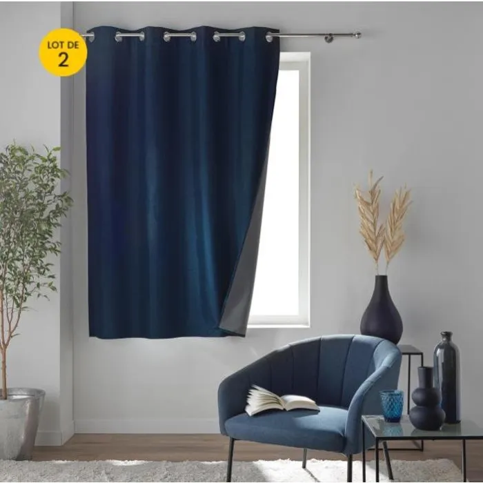 Lot de 2 rideaux à œillets 140 x 180 cm 100% occultant thermique Modèle Crépuscule Bleu