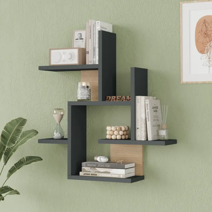 Étagère murale Reyna 66 x 63 x 15 cm anthracite effet bois en.casa