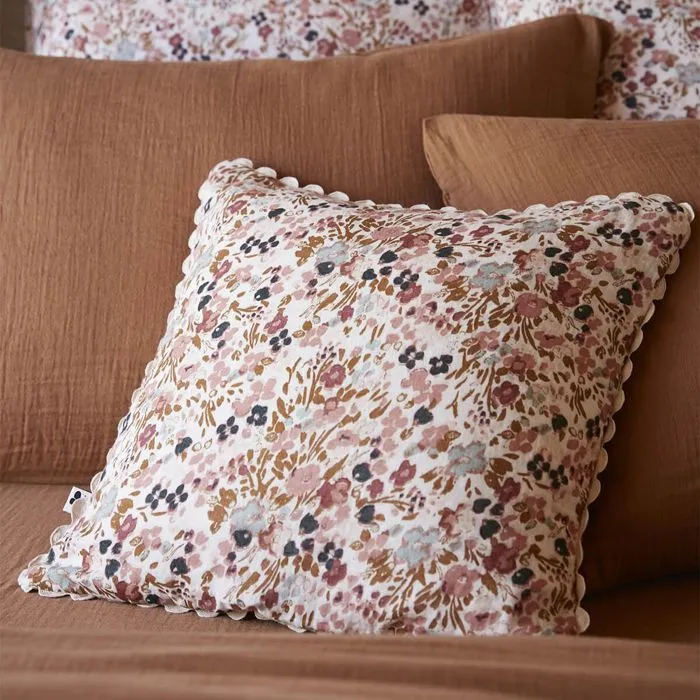 Adonis - Coussin Déhoussable 40x40cm Gaze De Coton Blanc Imprimé Fleur Biais En Croché