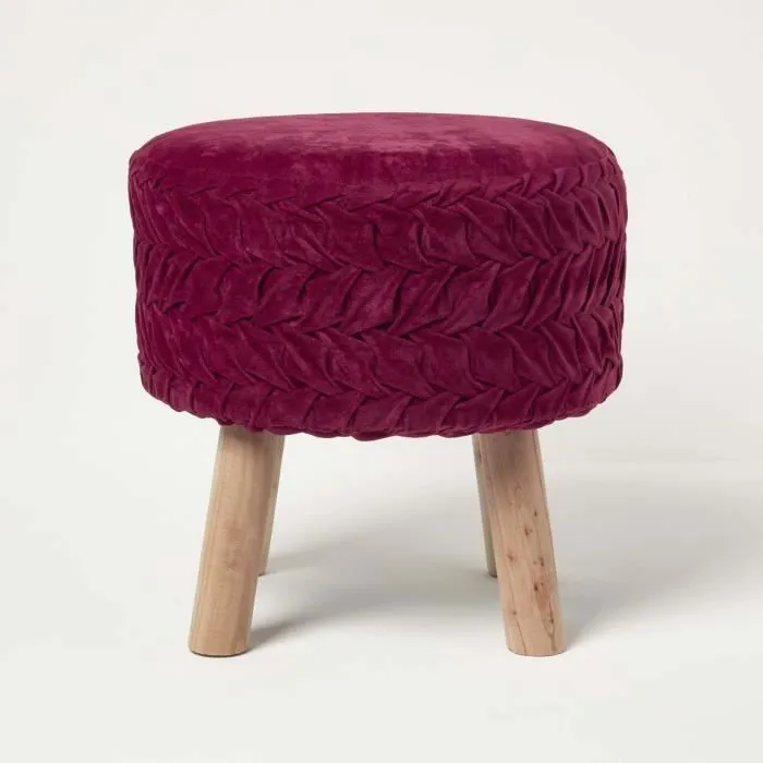 Pouf En Velours Plissé Lyla Sur Pieds, Magenta - Homescapes
