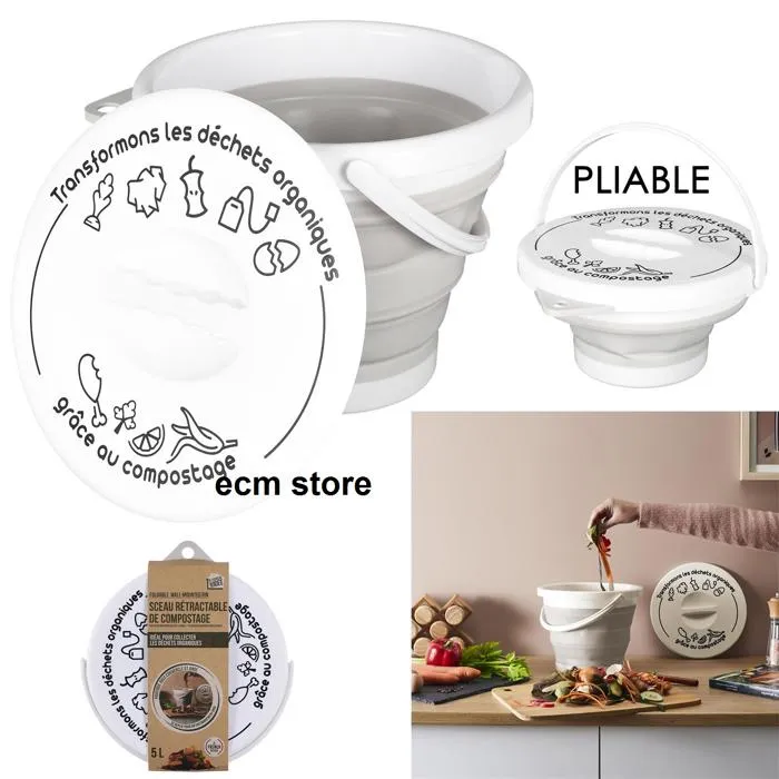 Seau À Compost - Je Cherche Une Idee - Pliable - Avec Anse - Avec Couvercle - Gris Et Blanc