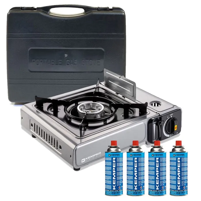 Réchaud à gaz 2200W INOX + 4 cartouches de gaz Double système de sécurité Puissance réglable KEMPER