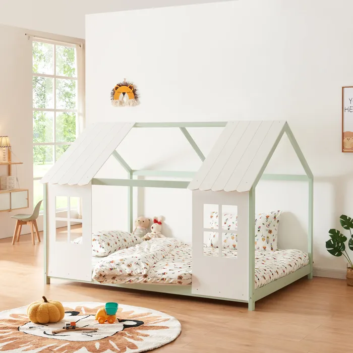 Lit cabane Tostedt pour enfant forme maison bois de pin 140 x 200 cm vert menthe blanc en.casa