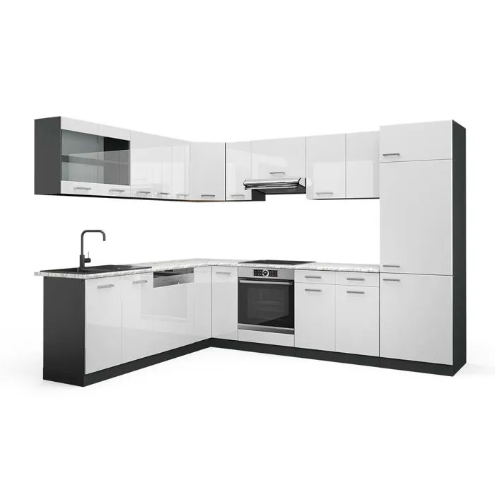 Vicco Cuisine en angle Blanc Haute brillance/Anthracite 287 x 227 cm, PT Marbre