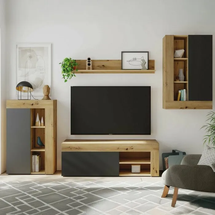 Meuble Tv Effet Bois Beige, Anthracite 141x41 Cm