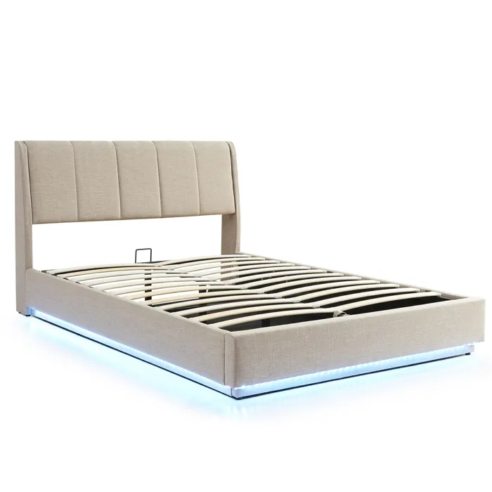 Lit double capitonné Tröstiar avec éclairage LED 160 x 200 cm beige en.casa