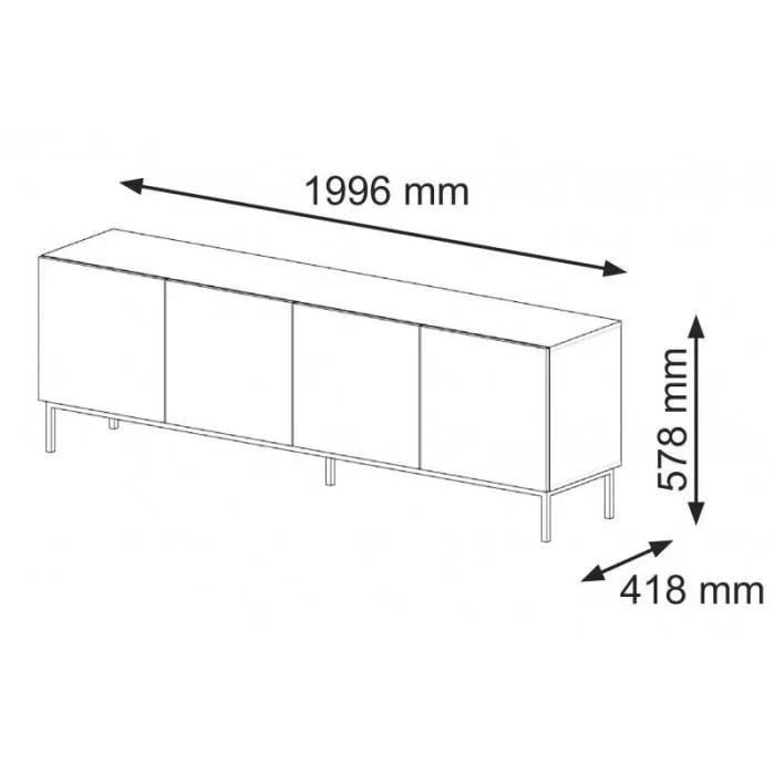 Meuble Tv Ravenna Avec 4 Portes En Bois Et Cadre Noir - Noir Mat - L 200 X P 42 X H 58 Cm