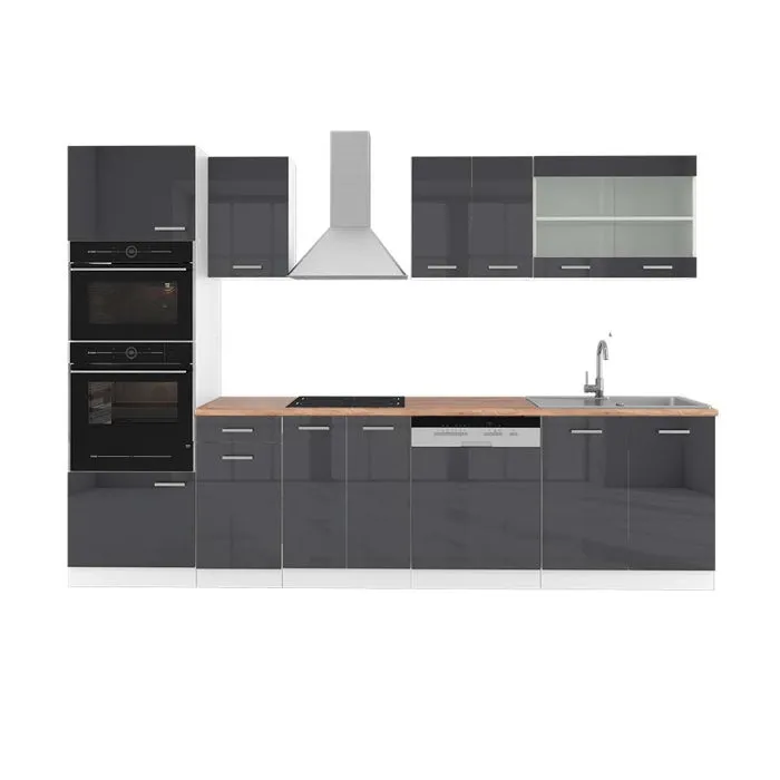 Vicco Cuisine Anthracite brillant/blanc 300cm avec armoire haute, PT Chêne