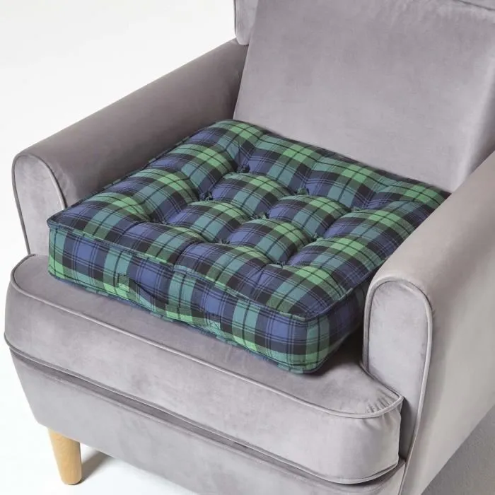 Coussin D'assise Rehausseur En Coton À Carreaux Écossais Bleu, 50x50x10cm - Homescapes
