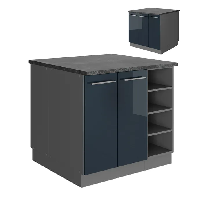 Vicco îlot de cuisine Bleu foncé brillant/Anthracite 90cm sans PT