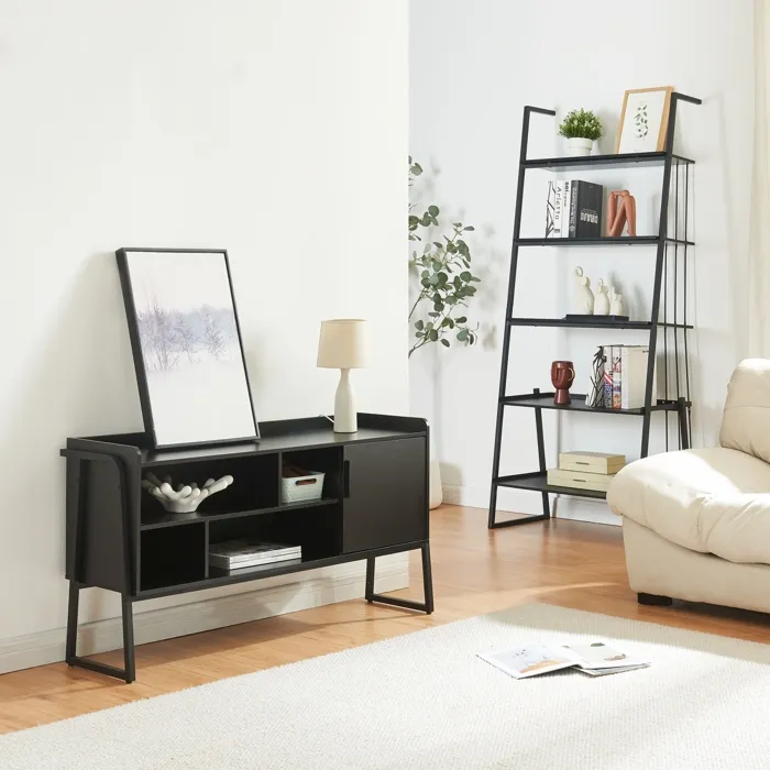 Ensemble de 2 meubles Storfjord avec étagère échelle et meuble TV noir en.casa
