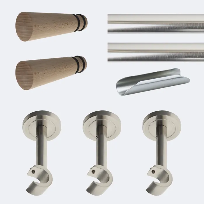 Kit de tringle à rideaux Nickel Mat 300cm Diam.20mm Embout Cône Bois - Fixation Mur - Boulet