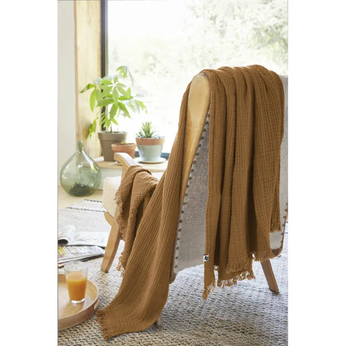 Plaid à franges 130 x 160 cm Double Gaze de Coton GAÏA Camel