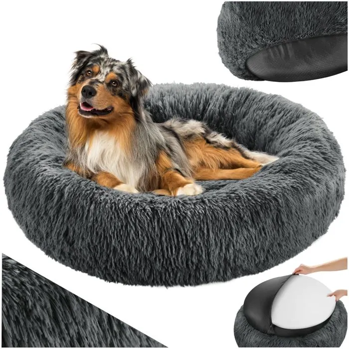 Panier pour chien rond avec maille peluche longue diamètre de 70 cm gris