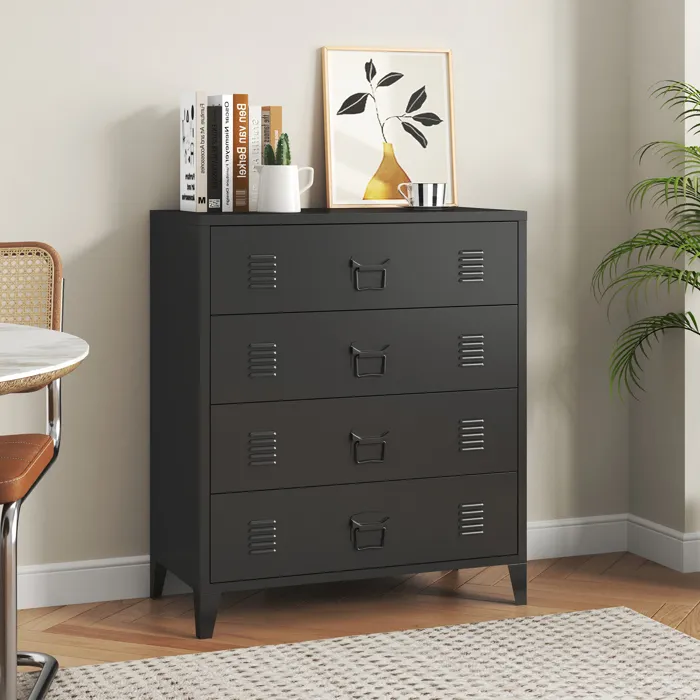 Commode métallique Hämeenlinna avec 4 tiroirs acier 92 x 80 x 40 cm noir en.casa