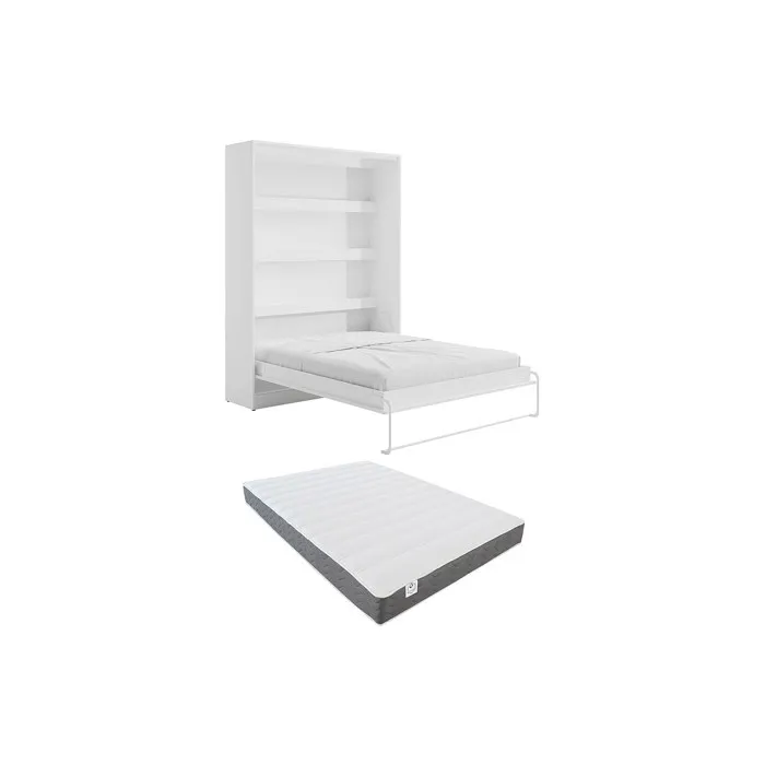 Lit escamotable 160 x 200 cm - Ouverture verticale manuelle - Avec LEDs - Blanc + Matelas - RAPILI