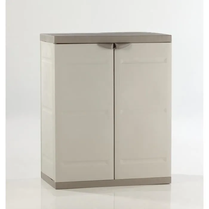 Titanium Plastiken Armoire Basse 2 Portes Avec Étageres L70 X P44 X H88 Cm Beige Et Taupe Gamme Titanium
