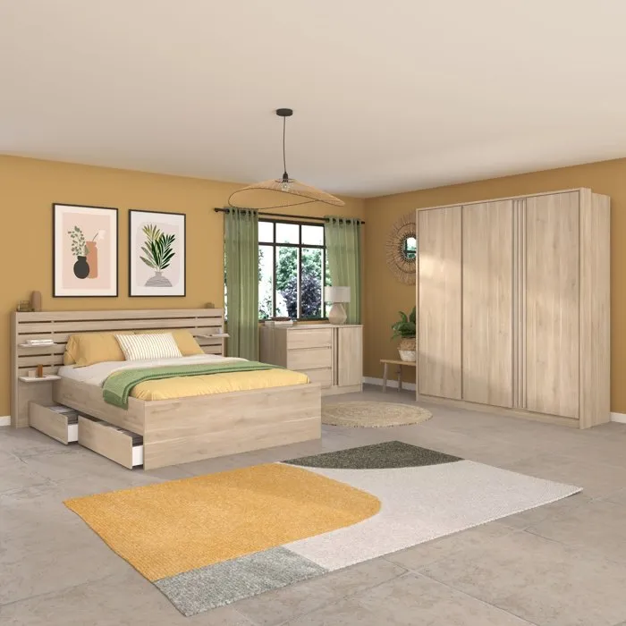 Escale Lit Adulte 140x190 / 200 Cm - Tete De Lit + 2 Tiroirs - Décor Chene Du Japon -