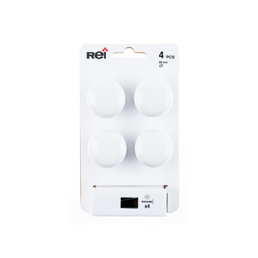 Plaquette thermoformée contenant 4 boutons de meuble ronds en porcelaine white mod.821 35mm rei.