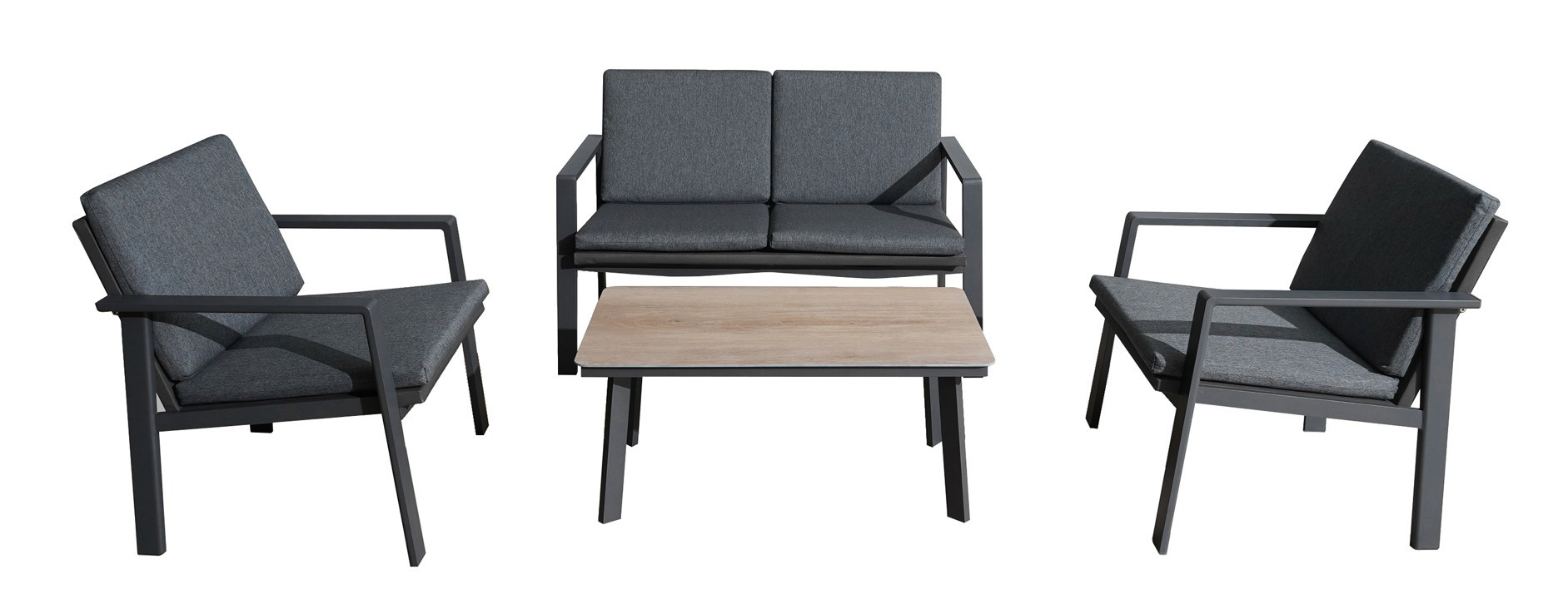 PROLOISIRS Set ensemble 4 pièces Sun en aluminium/SPC avec coussins - graphite/oak/gris