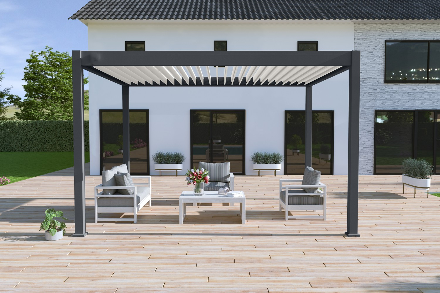 Pergola bioclimatique motorisée Ombréa autoportante 3x4M - Anthracite/Blanc