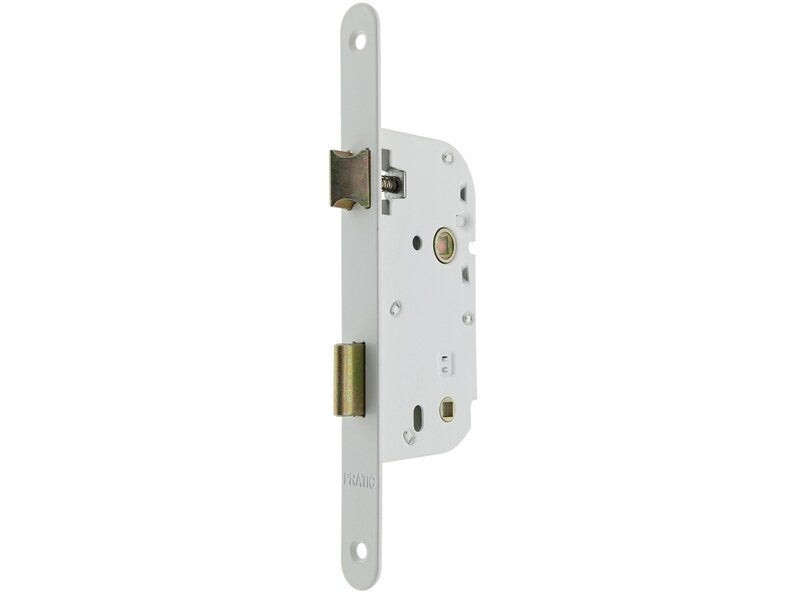 Serrure à mortaiser bec de cane à condamnation pour porte de salle de bains ou toilettes, axe 50 mm, carré de 7, coloris blanc. Bouts ronds.