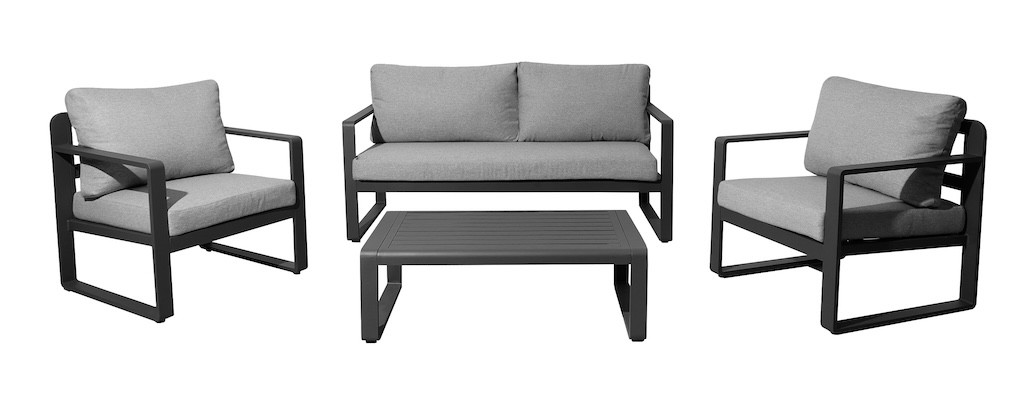PROLOISIRS Set 4 pièces - MOJITO II - Aluminium époxy - Graphite/Gris - 2 fauteuils + 1 canapé + 1 table basse
