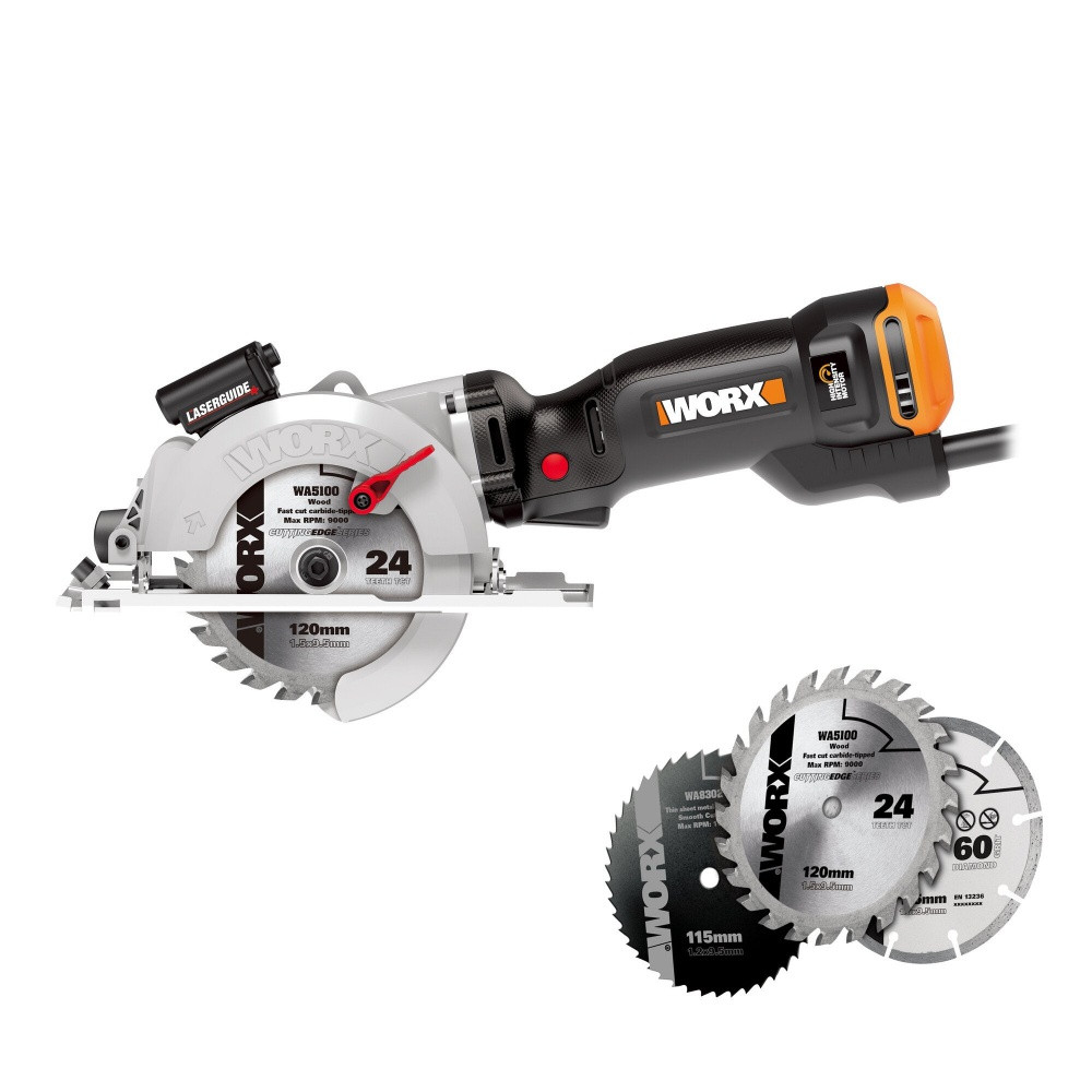 Scie circulaire 800W WORX - WX437 (lame 120 mm, coupe 43 mm, bois, métal, plastique, pierre, livrée avec accessoires)