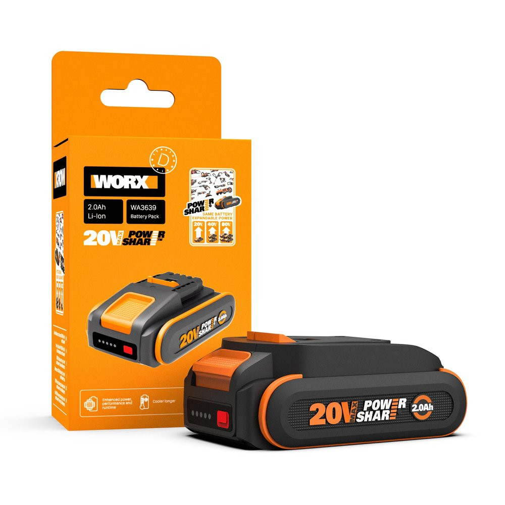 Batterie 20V 2Ah WORX - WA3639 (PowerShare, haute performance, compatible avec tous les outils Worx 20V, 40V et 80V)