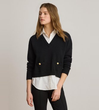 Lauren Ralph Lauren pour femme. 200B24254001 Pull en coton avec bordure à boutons noir (M), Casuel